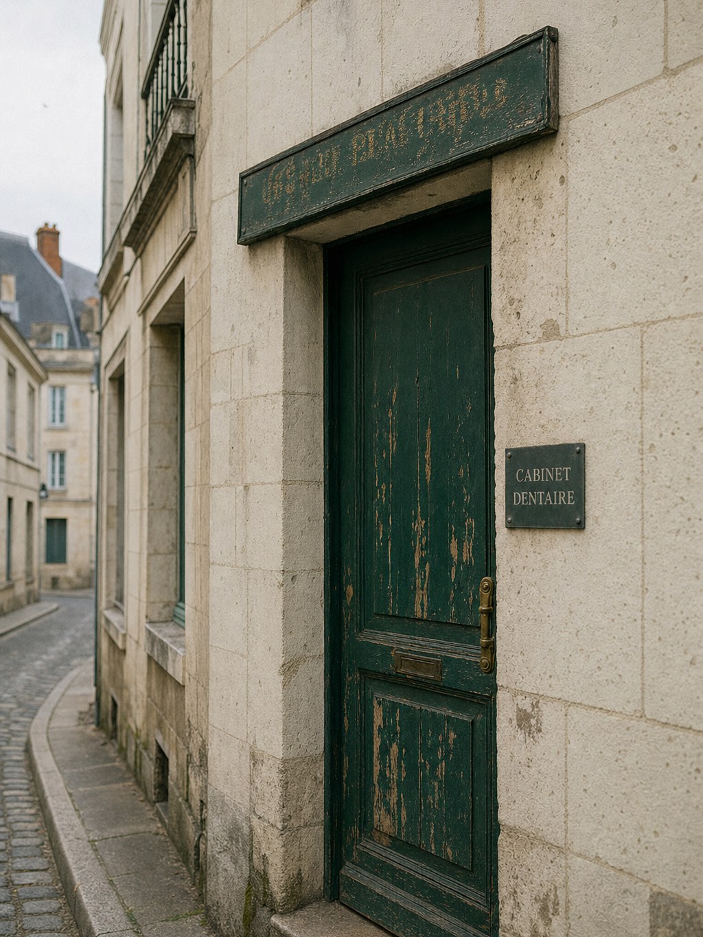 Vue d’entrée du cabinet — porche cintré, lumière naturelle, ambiance paisible.
