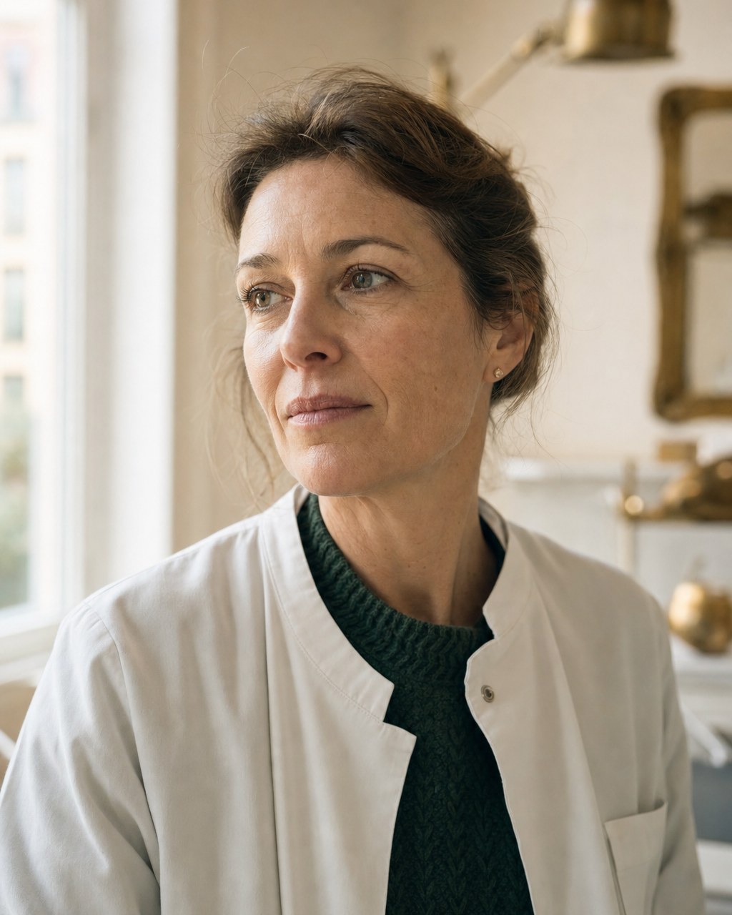 Portrait environnemental du Dr Moreau au cabinet — blouse blanche, lumière naturelle.