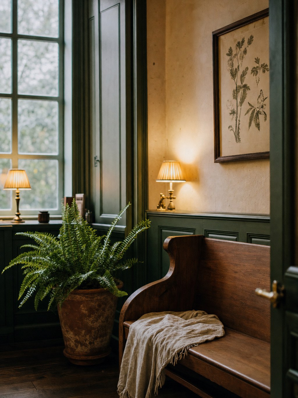 Salle d’attente — banc en chêne, lampe en laiton, ambiance d’apothicaire.