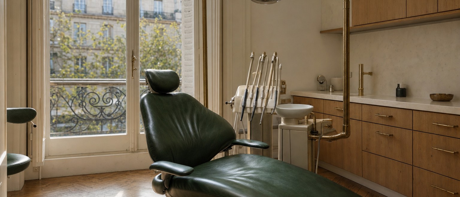 Vue panoramique de la salle de soin — fauteuil sur mesure vert forêt, parquet à chevrons, lumière naturelle.